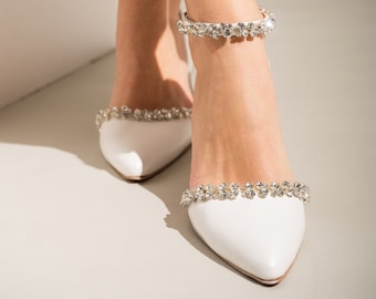 Ladies D'Orsay Ankle Bridal Shoes, Handmade White Shoes, WHITE Wedding Stripe Bridal Shoes, Wedding Sandals, Bridal heels