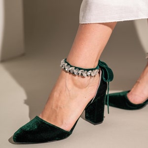 Emerald Green Velvet Wedding Shoes: Handmade Block Heel