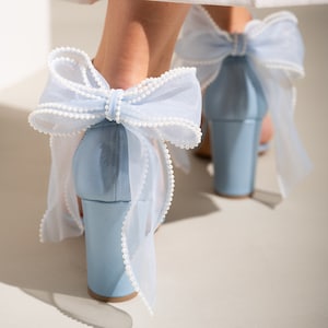 Blue Leather Block Heel Sandals with ORGANZA BACK BOW - Women Wedding Shoes, Bridesmaids Shoes, Bridal Shoes, Holiday Shoes