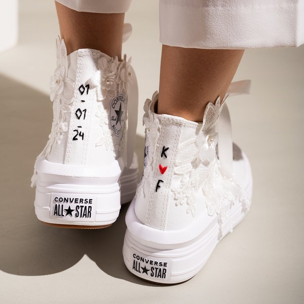 Luxury White Wedding Trainers For Bride, Lace Converse High Top, Bridal High Top Sneakers with Lace