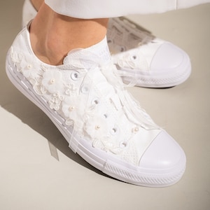 Luxury Ivory Wedding Converse Lace Low Top, Custom Converse Shoes For Bride, Personalized Bridal Low top Tennis Shoes with Dubai Lace