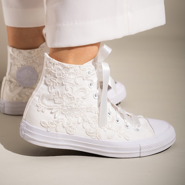 White Wedding Converse High Top, Custom Converse shoes, Lace High Top Converse For Bride, Wedding Sneakers