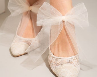 Ivory Crochet Lace Pointy toe HEELS with TULLE front Bow, Women Wedding Shoes, Bridesmaid Shoes