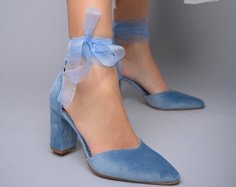 Light Blue Velvet Wedding Shoes Block Heels, Bridal shoes for bride, Wedding Shoes heels, Velvet Wedding Block Heels - CLOUDY SKY