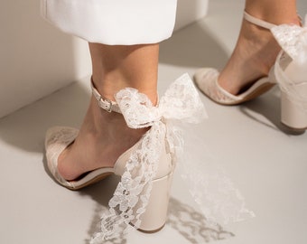 Wedding shoes with ivory lace and bow in the back -  Bridal Shoes block heel, Wedding heels, Bridal Heels, Pearl Heels -