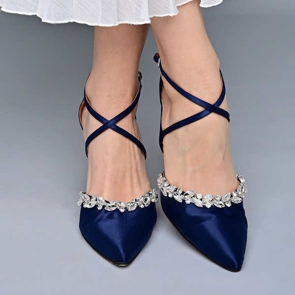 Wedding shoes blue, Satin Block Heels, Pointed toe blue Wedding Heels, Satin Pumps, Bridal shoes something blue - SATINA X LOVE