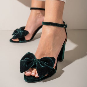 Emerald Green Velvet Wedding Heels: Bow Bridal Sandals