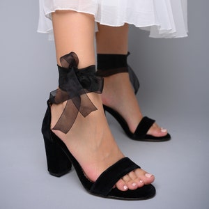 Black Velvet Block Heels, Black Wedding Sandals, Black Bridal Shoes, Black Wedding Shoes, Velvet Block Wedding Heels - TULLENIA