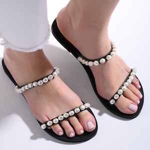 Black sandals, Summer Women sandals, Leather Sandals, Handmade sandals, Sandals with pearls, Gift for her - pearly Stride