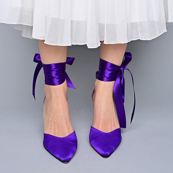 Satin Block Heels, Pointed toe purple Wedding Heels, Satin Pumps, Purple Wedding shoes, Bridal shoes, Bridesmaids shoes - SATENIA POINTED