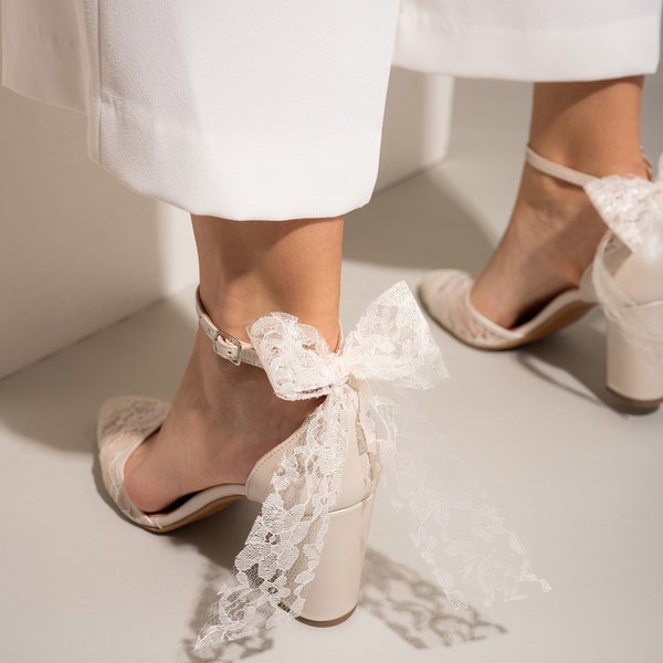 Wedding shoes with ivory lace and bow in the back -  Bridal Shoes block heel, Wedding heels, Bridal Heels, Pearl Heels -
