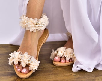 Wedding sandals ivory, Pearl Sandals, Wedding shoes, Bridal Sandals pearls, Boho Wedding Sandals, Bridal shoes - Neraides