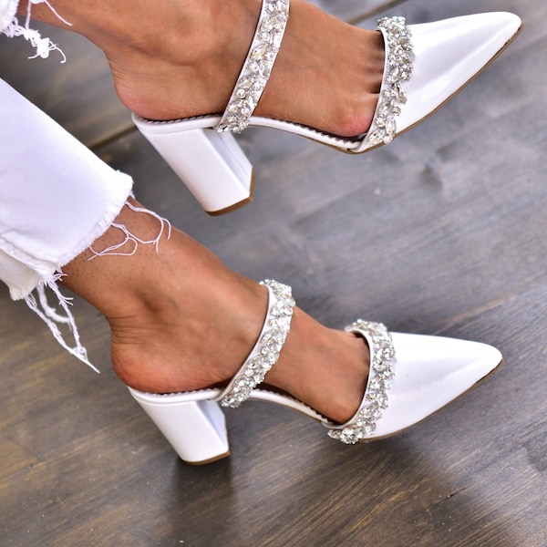 SALE Wedding shoes, White Wedding Heels, Pointed Toe Mules, White Mules, Jeweled Heels, Wedding Block Heels, Pointed Mules - Chloris