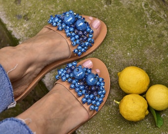 Blue Beaded Leather Sandals: Greek Summer Slides, Handmade