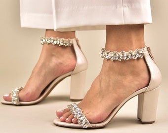 SALE Wedding Shoes ivory, Wedding Sandals, Wedding Heels ivory, Block Heel Sandals, Bridal Sandals, Sandals for brides - CRYSTALLINE