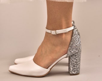 White Rock Glitter Block Heel with Ankle Strap tie, Women Wedding Shoes, Bridal Glitter Shoes, Holiday Shoes, Glitter Shoes, Girls Heels