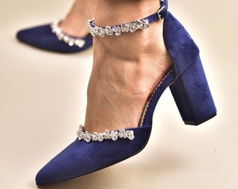 Dark blue block heel sandals, Wedding shoes dark blue, Velvet pumps for brides, Bridal shoes, Wedding block Heels - Stars in the sky