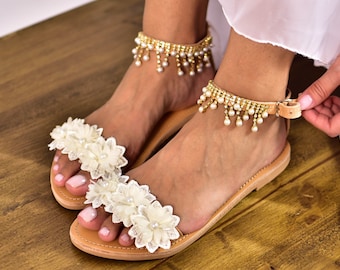 Ivory Pearl Wedding Sandals: Handmade Leather Ankle Strap Boho Shoes