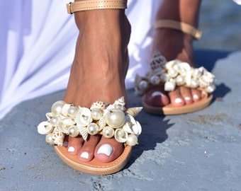 Seashell Wedding Sandals: Boho Bridal Shoes, Greek Leather