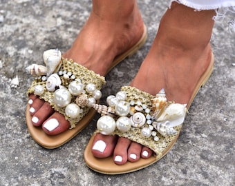 Handmade Leather Shell Sandals: Bohemian Pearl Slides