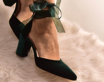 Dark Green Velvet Block Heels, Pointed toe Green Wedding Heels, Green Velvet Pumps, Green Wedding shoes, Green Bridal shoes - DARK FOREST