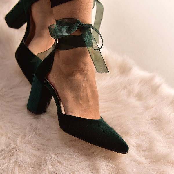 Dark Green Velvet Block Heels, Pointed toe Green Wedding Heels, Green Velvet Pumps, Green Wedding shoes, Green Bridal shoes - DARK FOREST
