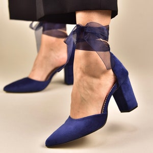Navy Velvet Wedding Block Heels: Bridal Pumps with Ankle Straps