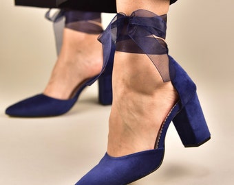 Wedding shoes navy blue, Bridal Shoes for bride, Wedding shoes, Velvet pumps for brides, Bridal shoes, Wedding block Heels - NIGHT SKY