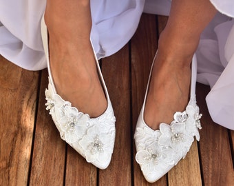 SALE Wedding Shoes, White shoes for brides, White pumps Bridal shoes flat , Wedding flat white, "Telesto"