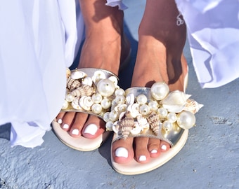 Handmade Shell Wedding Sandals: Greek Leather Bridal Boho Shoes