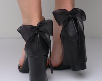 Black Block Heel Evening Shoes: Leather Bridal Shoes with Bow