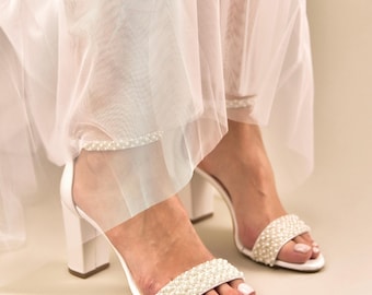 Pearl Wedding Shoes: White Block Heel Bridal Shoes