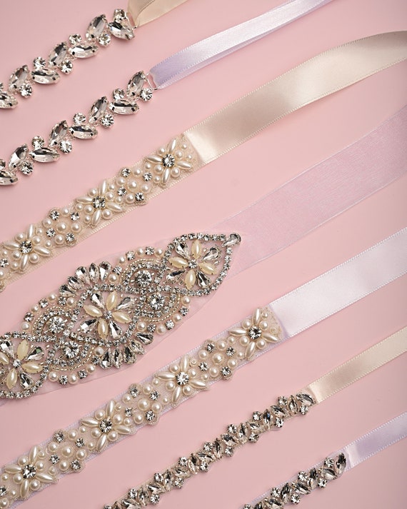 Pearl Wedding Dress Sash: Rhinestone Bridal Belt, White  display picture 2