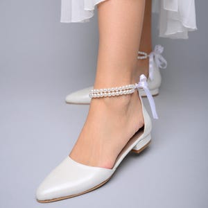 Handmade White Leather Wedding Flats: Pearl Ankle Strap Bridal Shoes