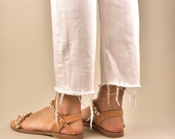 Gold Wedding Sandals: Rhinestone Bridal Flats, Handmade Leather