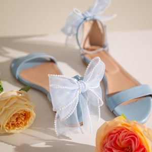 Light Blue Leather Flat Sandal with Perla Organza Bow, Bridesmaid Shoes, Women Sandals, Blue Sandals, Pearl Shoes, Something Blue