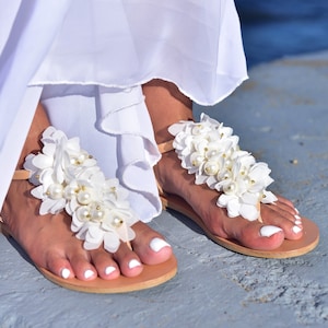 White T-Strap Pearls Wedding Flat Sandals with flowers, Bridal Sandals, Wedding Flat Sandals, Beach Pearl Sandals - Calypso