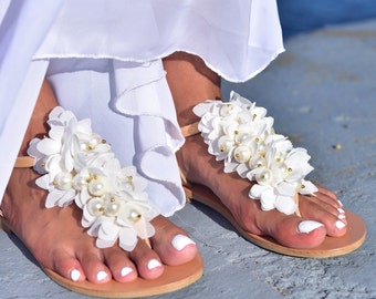 White T-Strap Pearls Wedding Flat Sandals with flowers, Bridal Sandals, Wedding Flat Sandals, Beach Pearl Sandals - Calypso