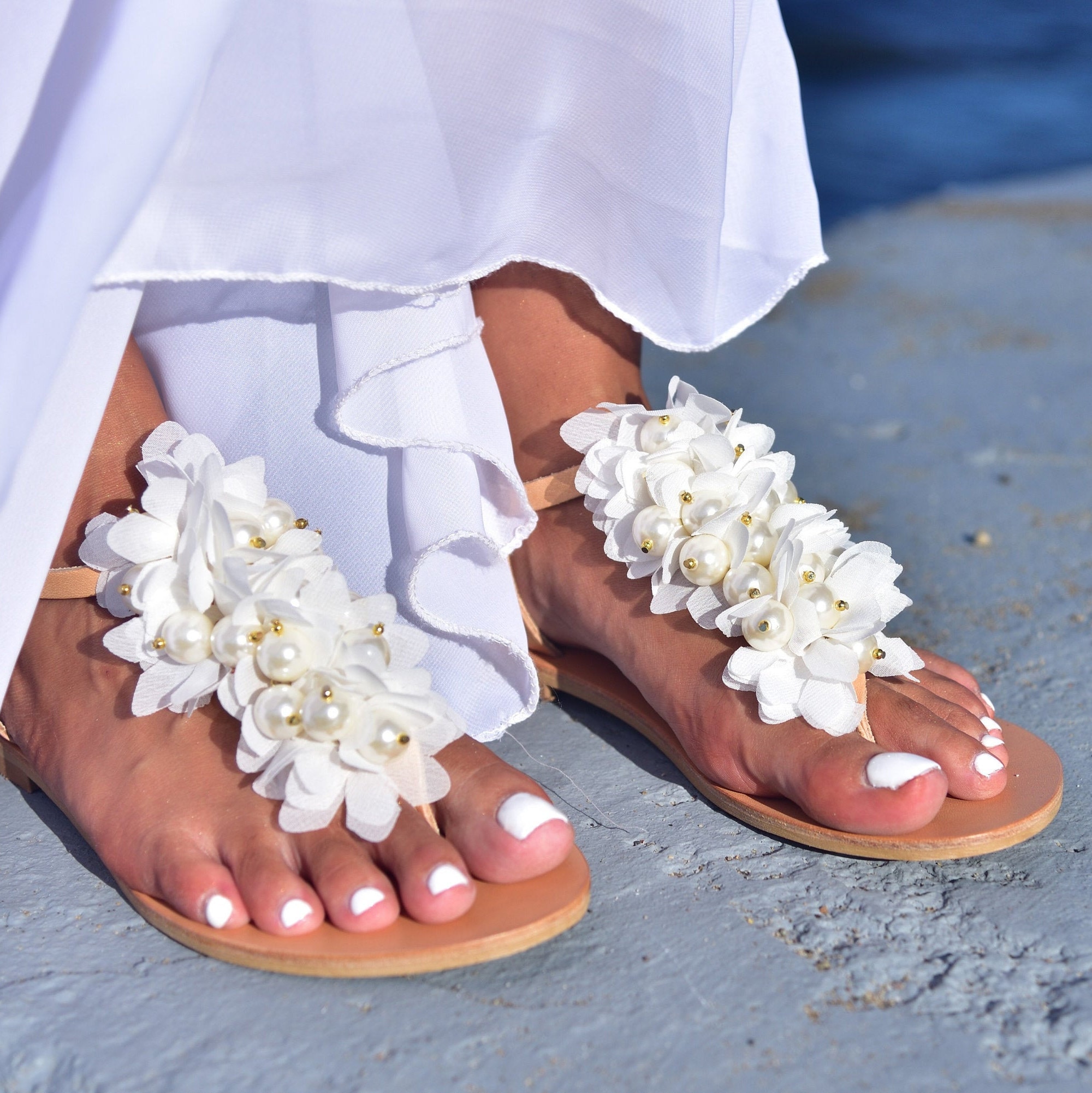 White T-Strap Pearls Wedding Flat Sandals with flowers, Bridal Sandals, Wedding Flat Sandals, Beach Pearl Sandals - Calypso