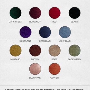 May include: A colour palette chart showing 12 different velvet colours. The colours are: dark green, burgundy, red, black, eggplant, dark blue, light blue, mustard, brown, beige, sage green, blush pink, and copper.