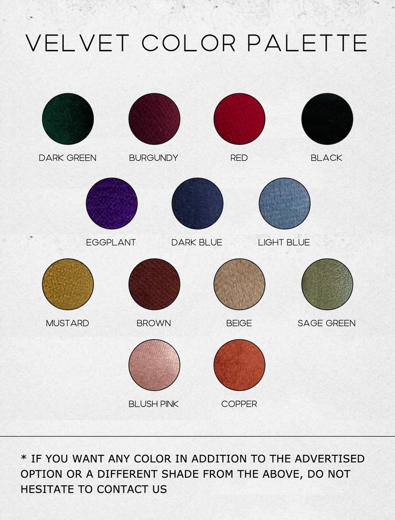 May include: A colour palette chart showing 12 different velvet colours. The colours are: dark green, burgundy, red, black, eggplant, dark blue, light blue, mustard, brown, beige, sage green, blush pink, and copper.