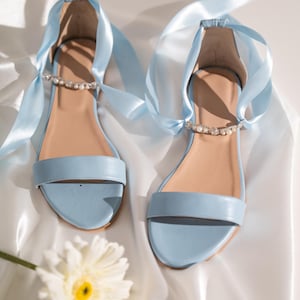Light Blue Leather Flat Sandal with Perla Ankle Bracelet, Bridesmaid Shoes, Women Sandals, Blue Sandals, Mommy and Me Shoes, Something Blue