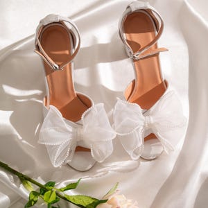 White Bow wedding shoes with open toe Block heels Feminine design Perfect for brides on their bridal special day women