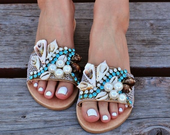 Handmade Leather Wedding Sandals: Pearl & Shell Bridal Slides