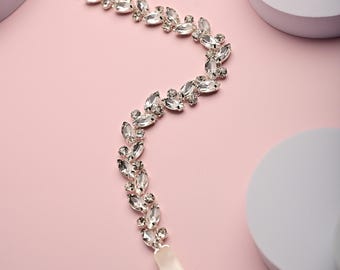 Bridal Sash Belt, Silver Rhinestone Wedding Dress Belt