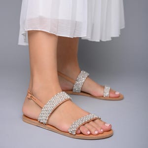 Handmade Greek Leather Wedding Sandals: Pearl Rhinestone Bridal Flats