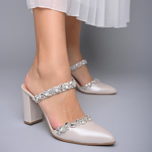 Ivory Wedding Shoes Block Heel Mules: Bling Bridal Shoes, Embroidered Shoes