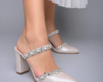 Ivory Wedding Shoes Block Heel Mules: Bling Bridal Shoes, Embroidered Shoes