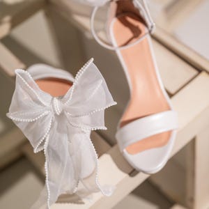 White Leather Platform Block Heel Wedding Sandals with Back Bow - Women Wedding Shoes, Bridesmaid Shoes, Bridal Shoes, Wedding Heels