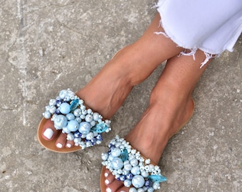 Light Blue Beaded Leather Sandals: Beach Wedding Bridal Shoes